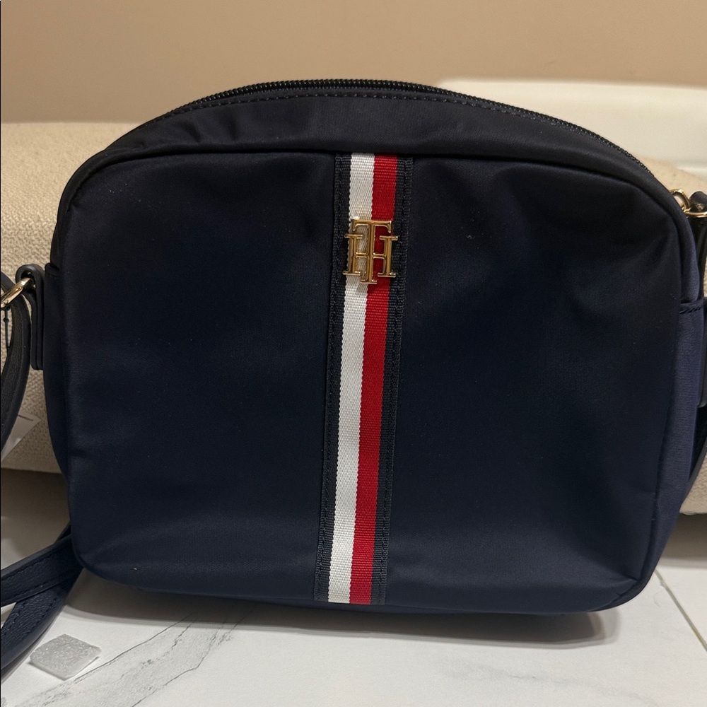 Navy Crossbody Bag with Red and White Stripe